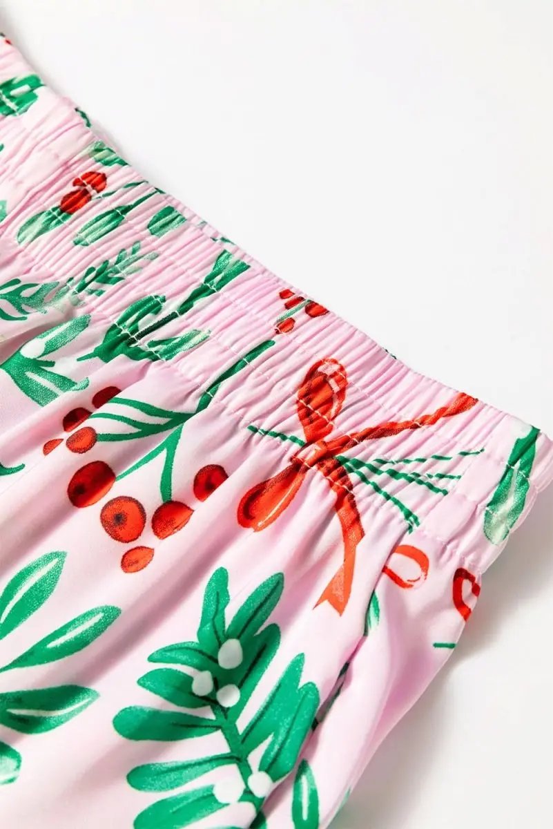 Pink Christmas Berries Plant Print Satin Long Sleeve Pajama Set - Love Salve
